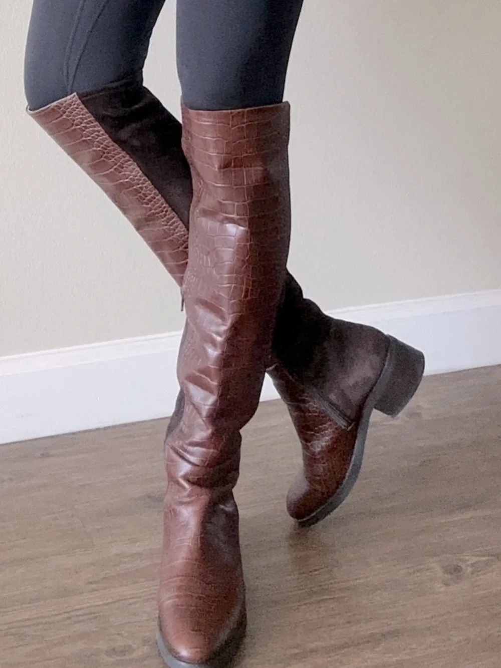 Le Pepe Brown Over-the-Knee Croc-Embossed Boots Italy Alligator print 9 $550